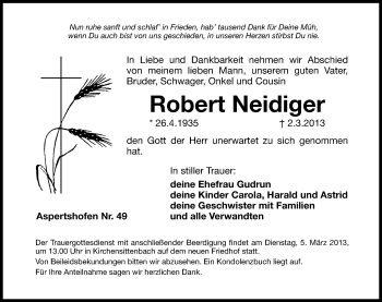 Traueranzeige von Robert Neidiger von Hersbrucker Zeitung